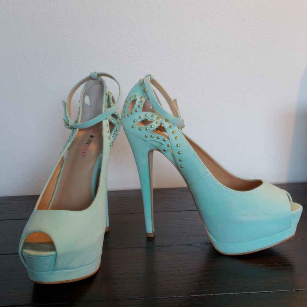 Mint Green Gold Studded Peep Toe Pumps